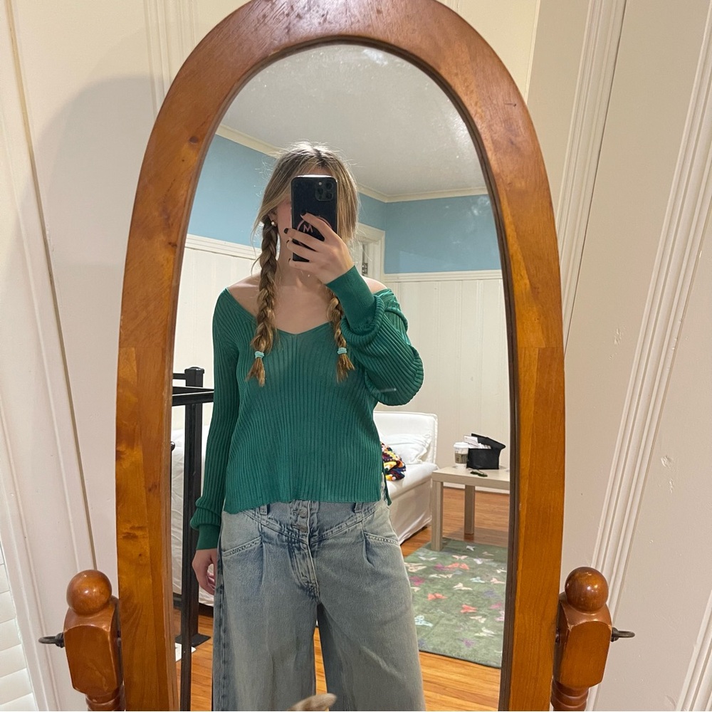 Free People Teal Ribbed Knit Top